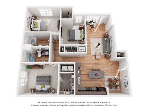 a stylized floor plan with a bedroom and living room